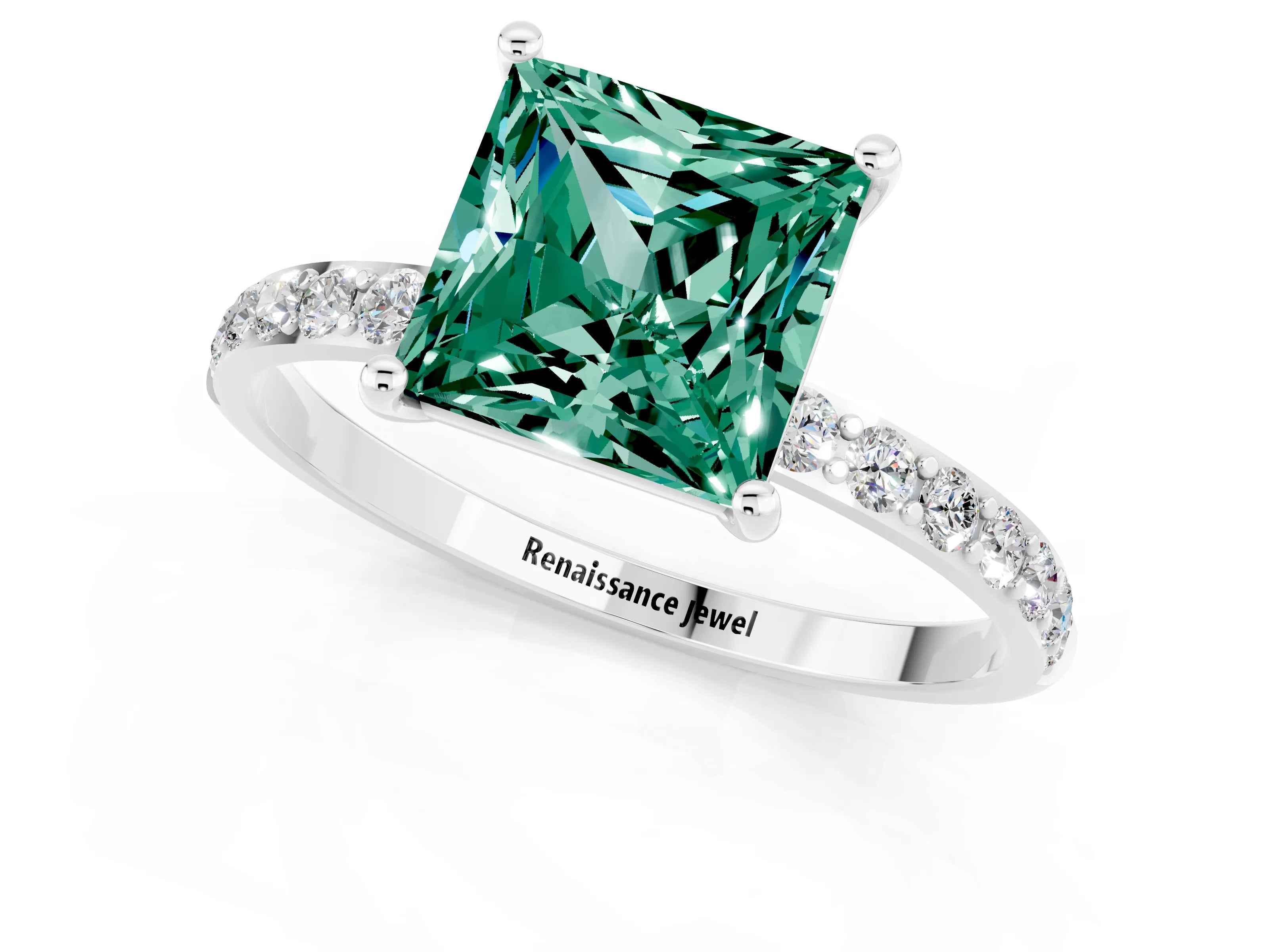 White gold Princess Cut Green Sapphire Solitaire Ring with Pave Band and Four Prong Setting_13