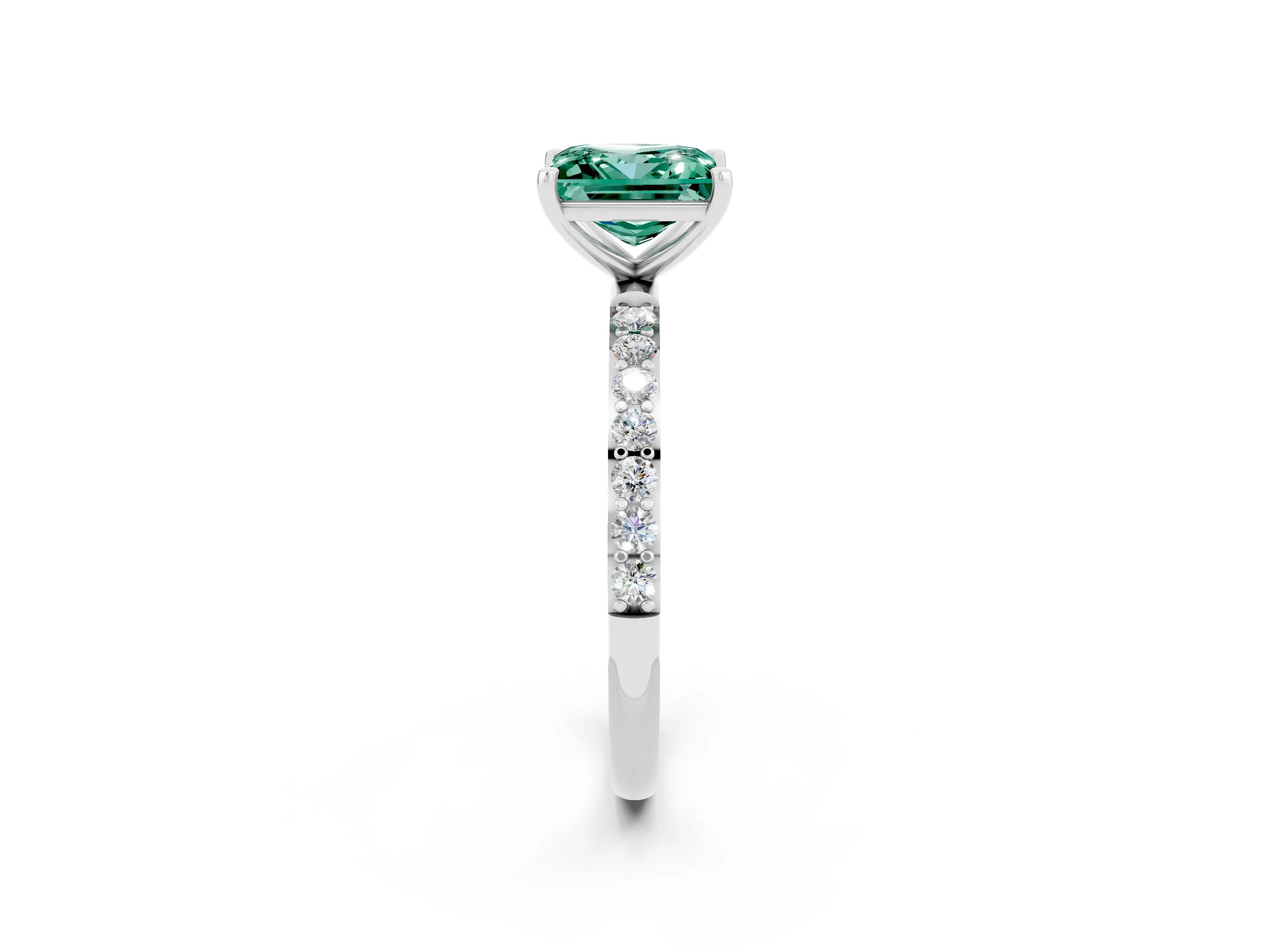 White gold Princess Cut Green Sapphire Solitaire Ring with Pave Band and Four Prong Setting_14