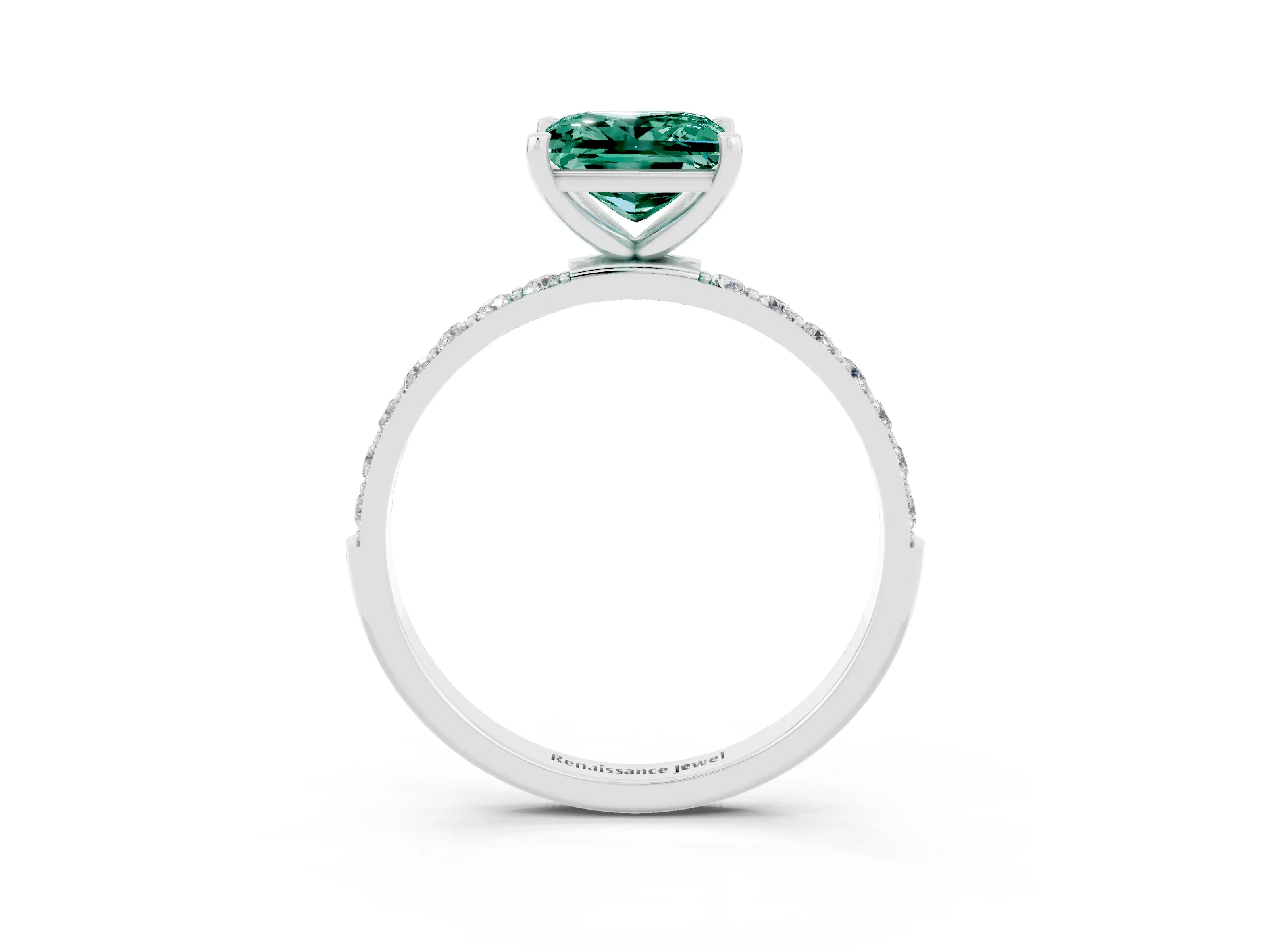 White gold Princess Cut Green Sapphire Solitaire Ring with Pave Band and Four Prong Setting_15