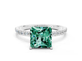 White gold Princess Cut Green Sapphire Solitaire Ring with Pave Band and Four Prong Setting_24