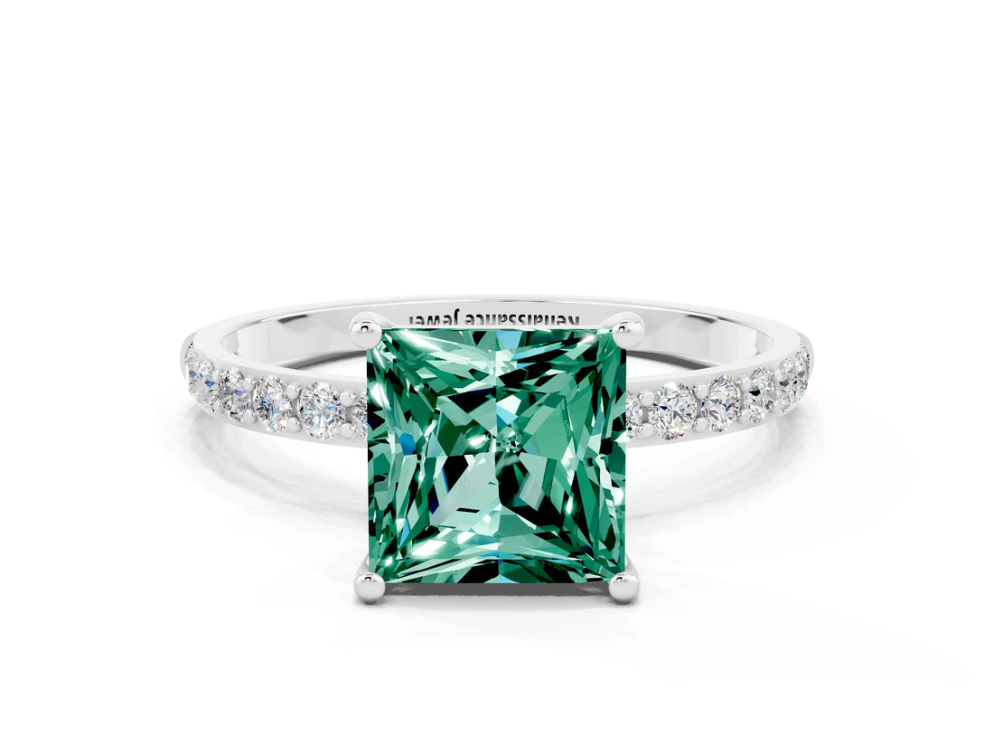 White gold Princess Cut Green Sapphire Solitaire Ring with Pave Band and Four Prong Setting_24