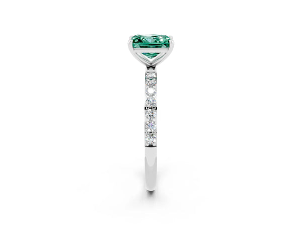 Silver Princess Cut Green Sapphire Solitaire Ring with Round  Pavé Band and Prong Setting