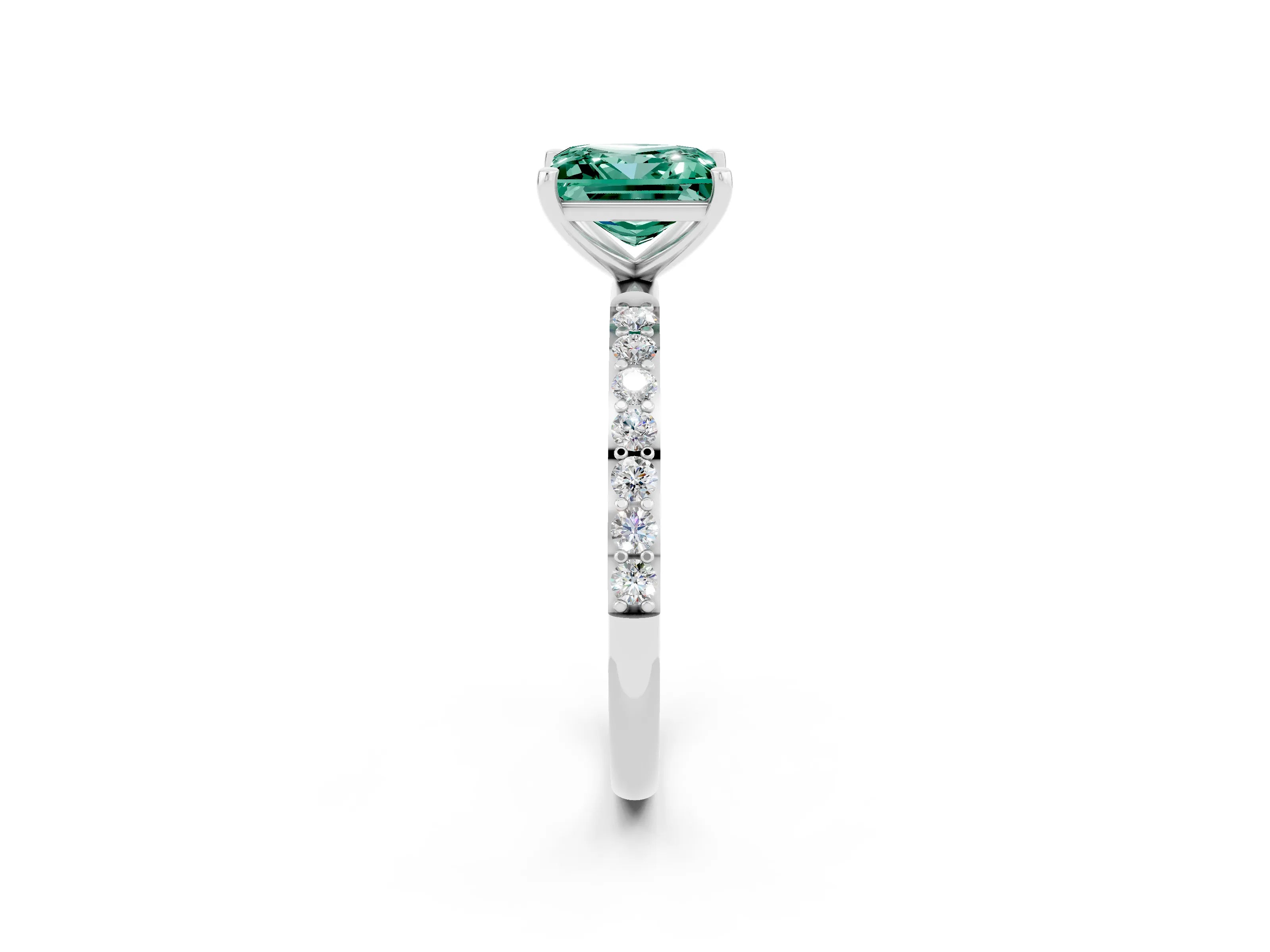 White gold Princess Cut Green Sapphire Solitaire Ring with Pave Band and Four Prong Setting_26