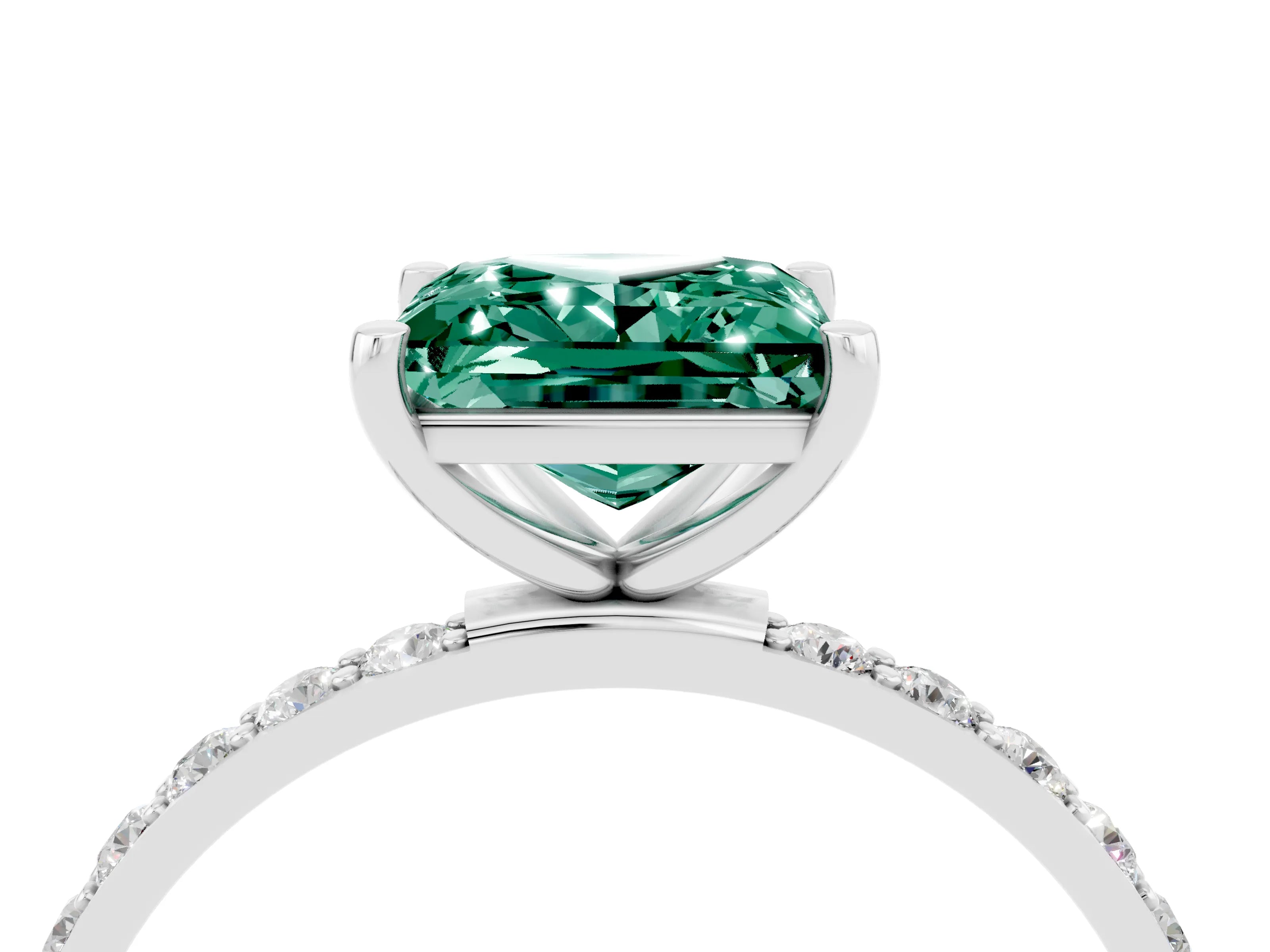 White gold Princess Cut Green Sapphire Solitaire Ring with Pave Band and Four Prong Setting_28