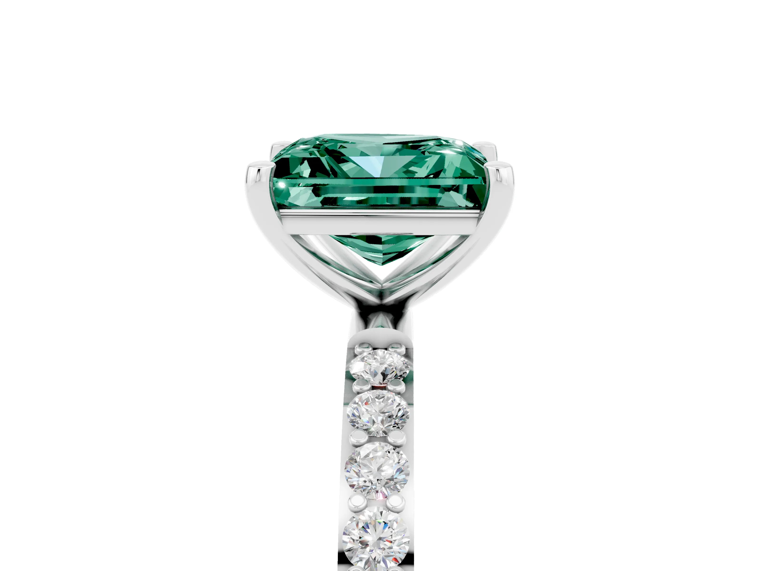 White gold Princess Cut Green Sapphire Solitaire Ring with Pave Band and Four Prong Setting_29