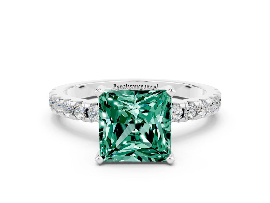 White gold Princess Cut Green Sapphire Solitaire Ring with Round  Pavé Band and Four-Prong Setting_60