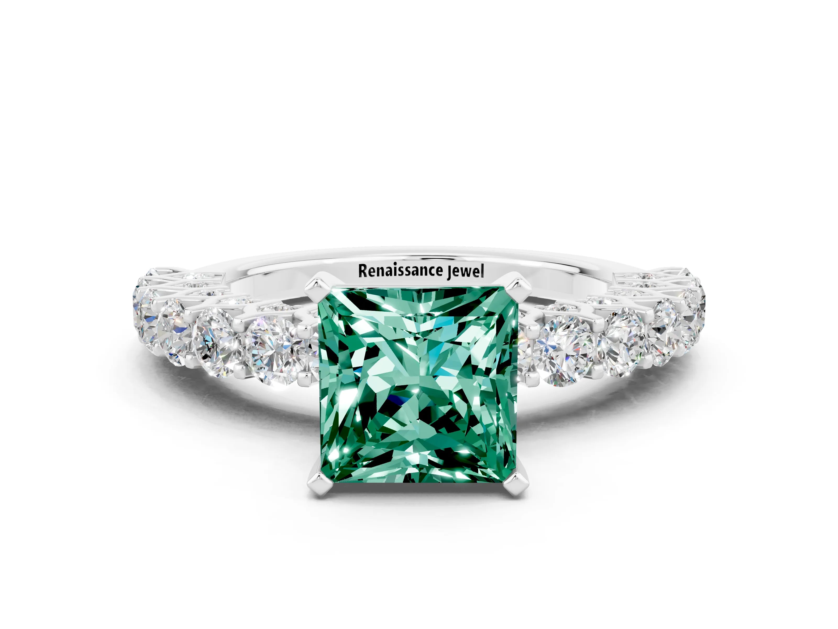White gold Princess Cut Green Sapphire Solitaire Ring with Shared Prong Pavé Band and Four-Prong Setting