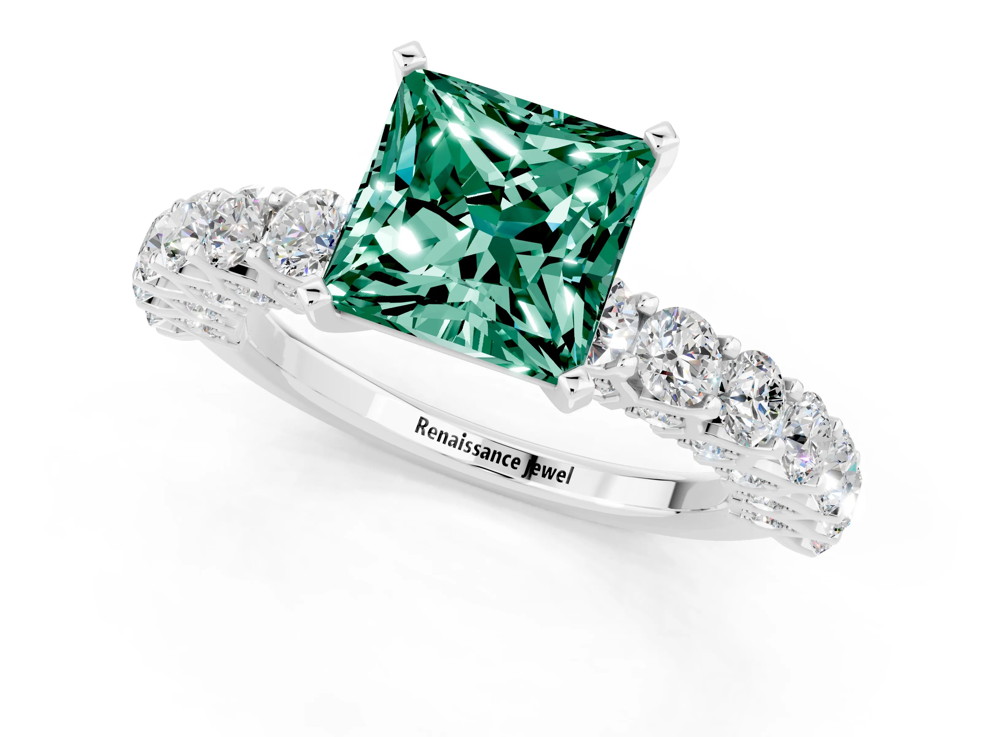 White gold Princess Cut Green Sapphire Solitaire Ring with Shared Prong Pavé Band and Four-Prong Setting_1