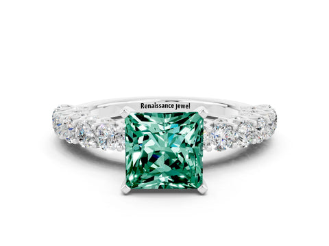 White gold Princess Cut Green Sapphire Solitaire Ring with Shared Prong Pavé Band and Four-Prong Setting
