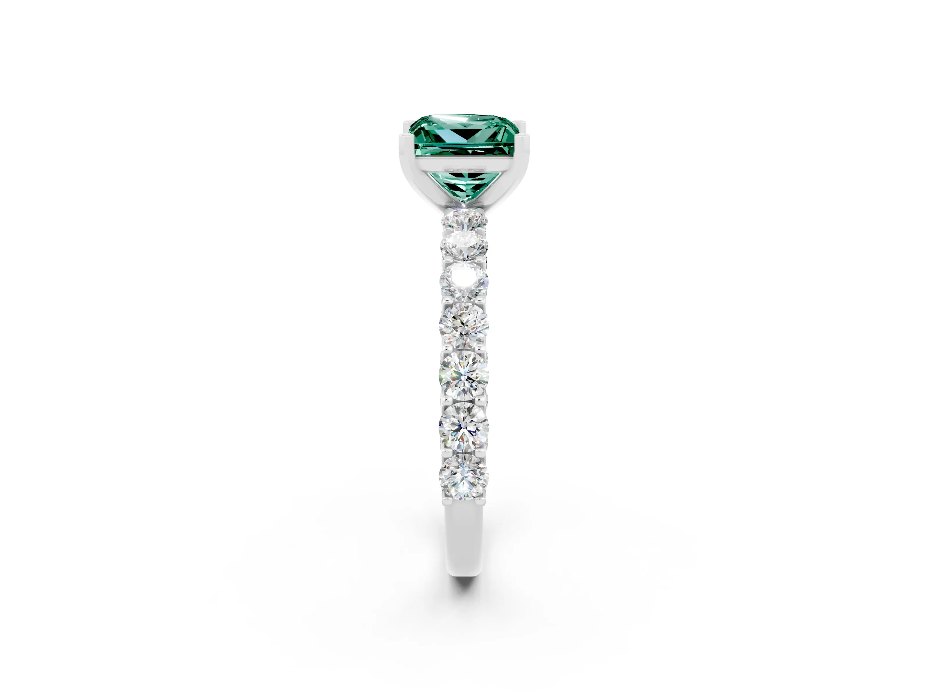 White gold Princess Cut Green Sapphire Solitaire Ring with Shared Prong Pavé Band and Four-Prong Setting_2