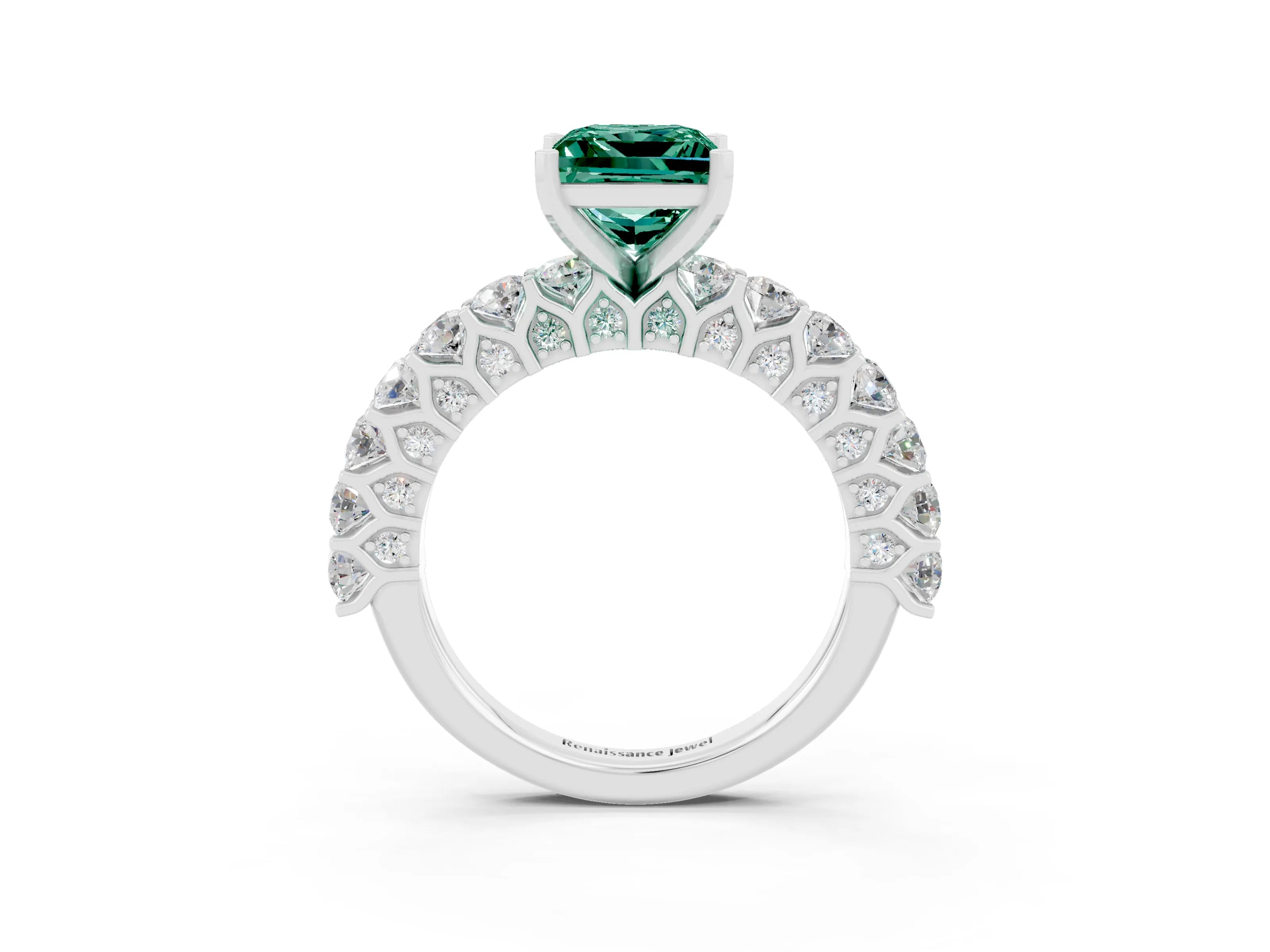 White gold Princess Cut Green Sapphire Solitaire Ring with Shared Prong Pavé Band and Four-Prong Setting_3