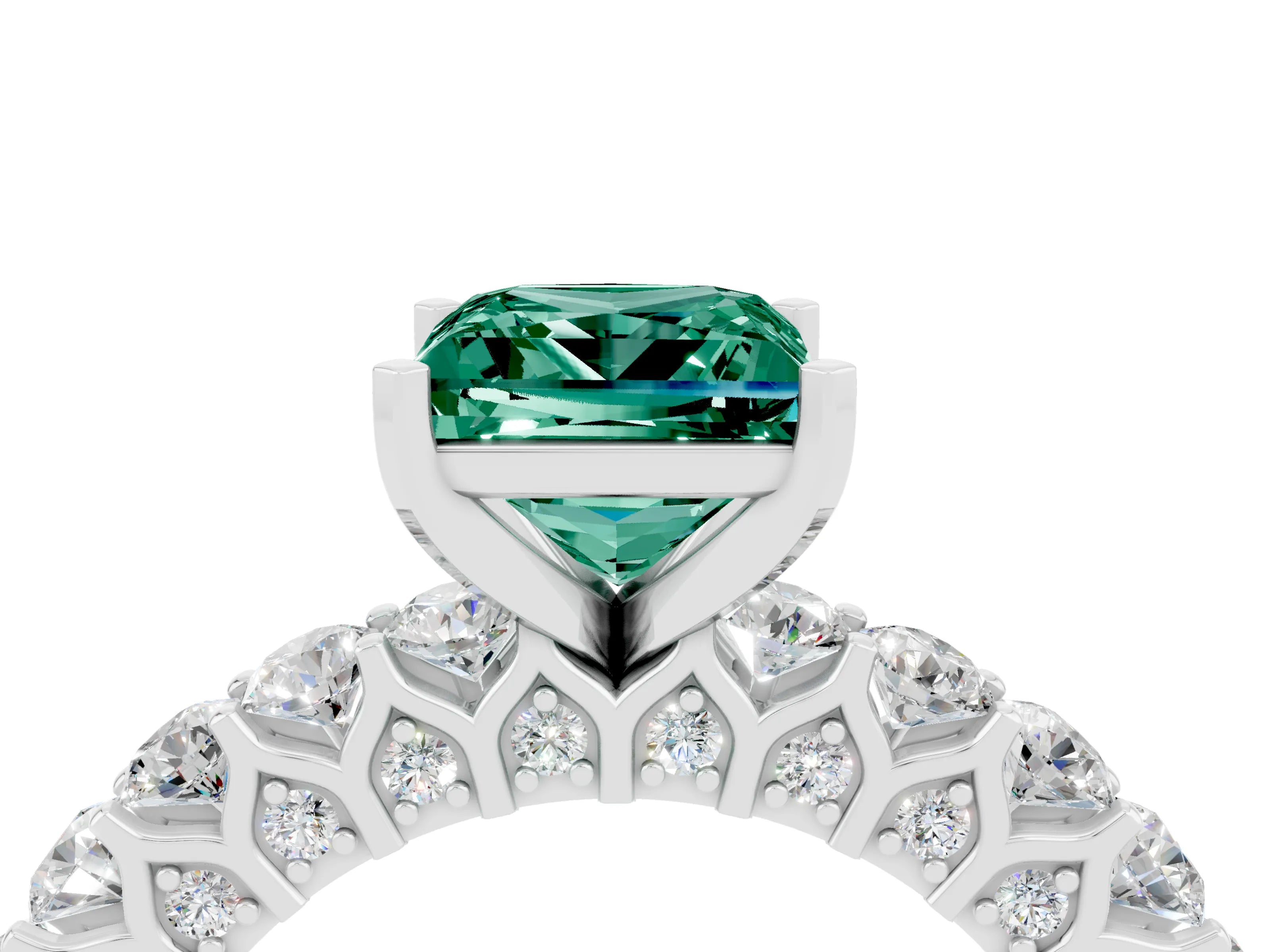 White gold Princess Cut Green Sapphire Solitaire Ring with Shared Prong Pavé Band and Four-Prong Setting_4