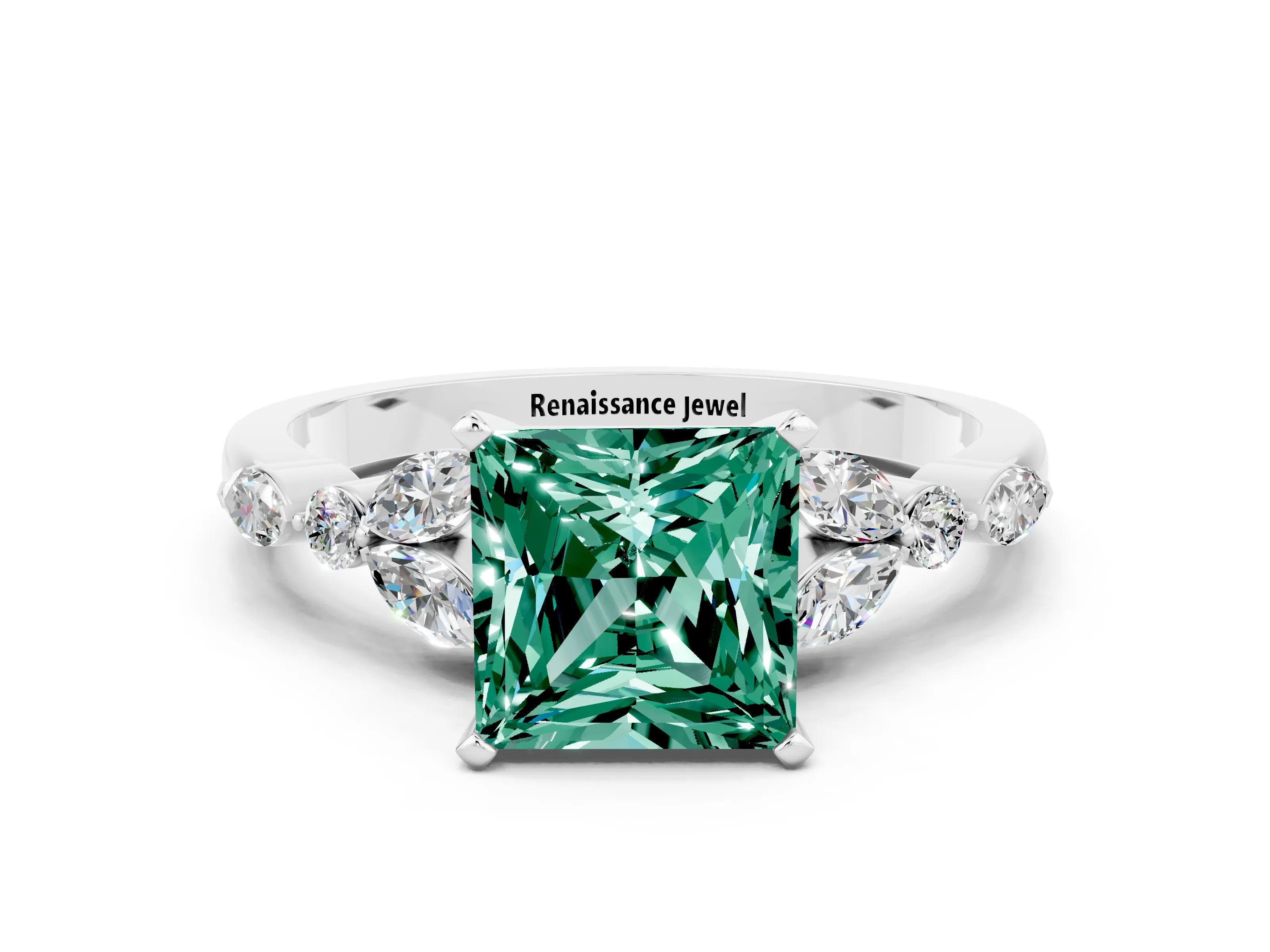 White gold Princess Cut Green Sapphire Solitaire Ring with Side Stones and Four-Prong Setting_12
