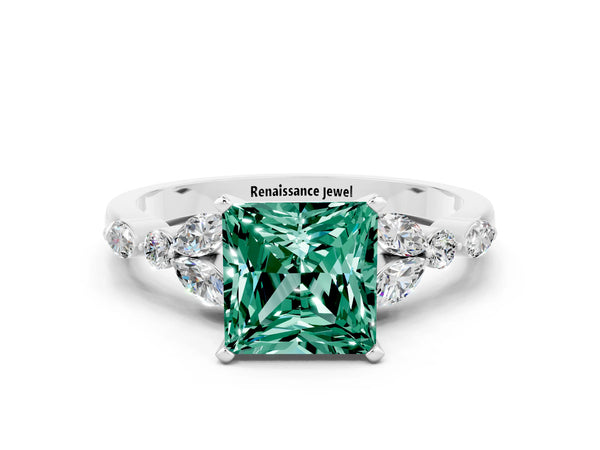 Silver Princess Cut Green Sapphire Solitaire Ring with Side Stones and Four-Prong Setting