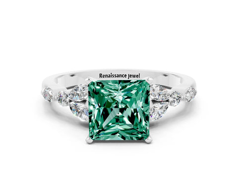 White gold Princess Cut Green Sapphire Solitaire Ring with Side Stones and Four-Prong Setting_12