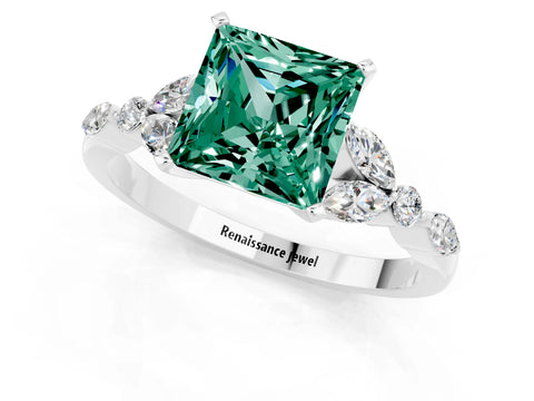 White gold Princess Cut Green Sapphire Solitaire Ring with Side Stones and Four-Prong Setting_13