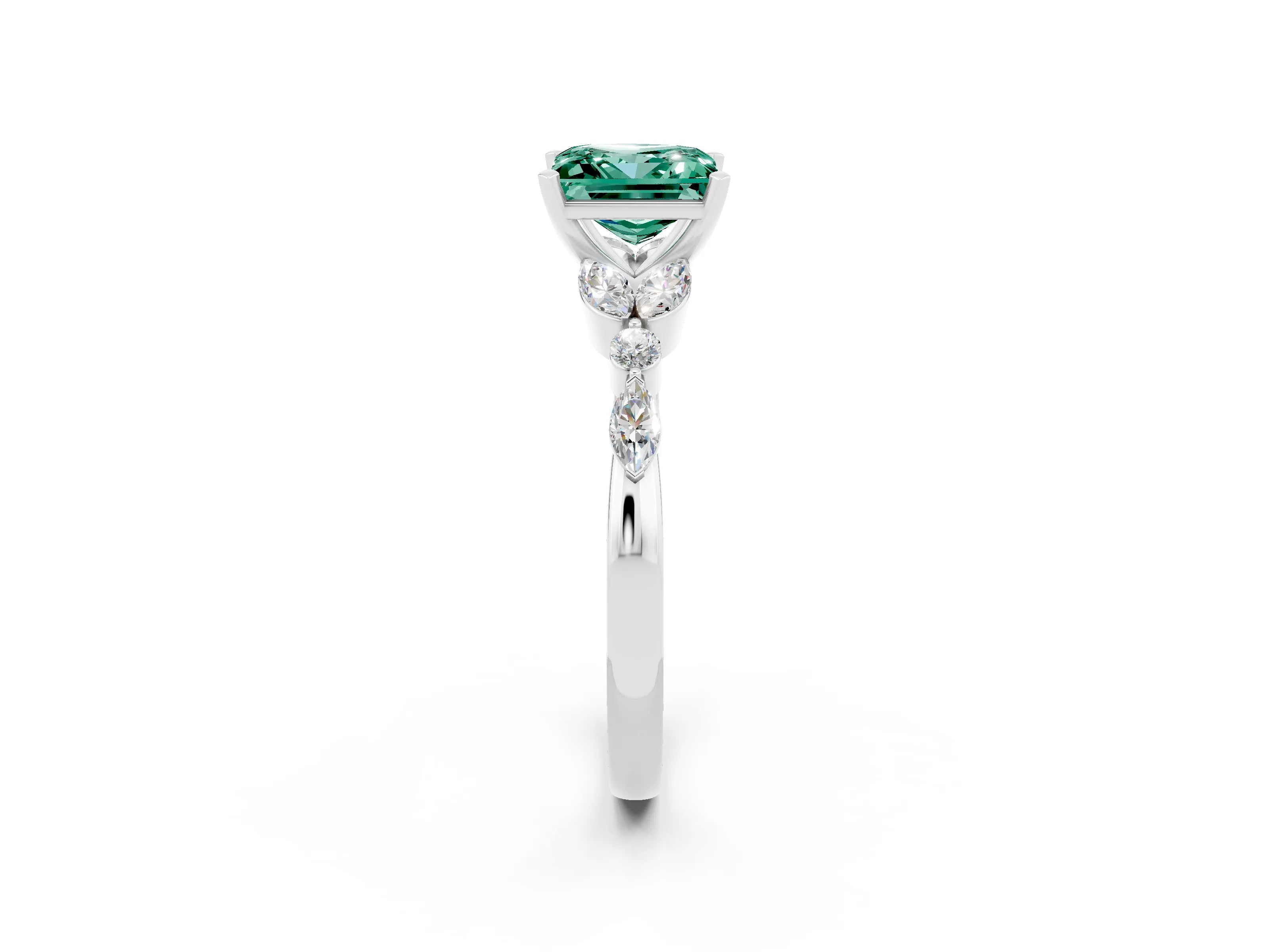White gold Princess Cut Green Sapphire Solitaire Ring with Side Stones and Four-Prong Setting_14