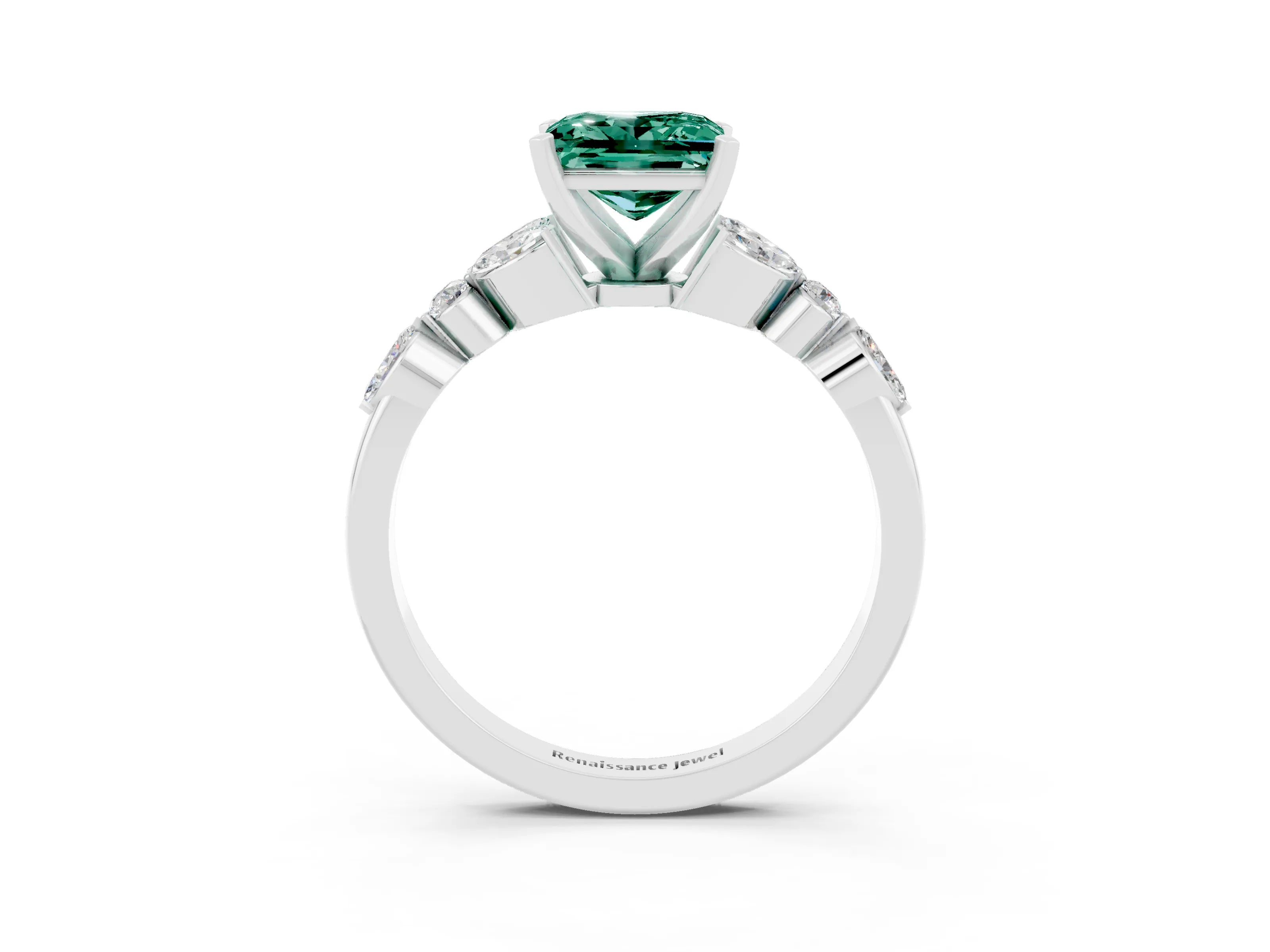 White gold Princess Cut Green Sapphire Solitaire Ring with Side Stones and Four-Prong Setting_15
