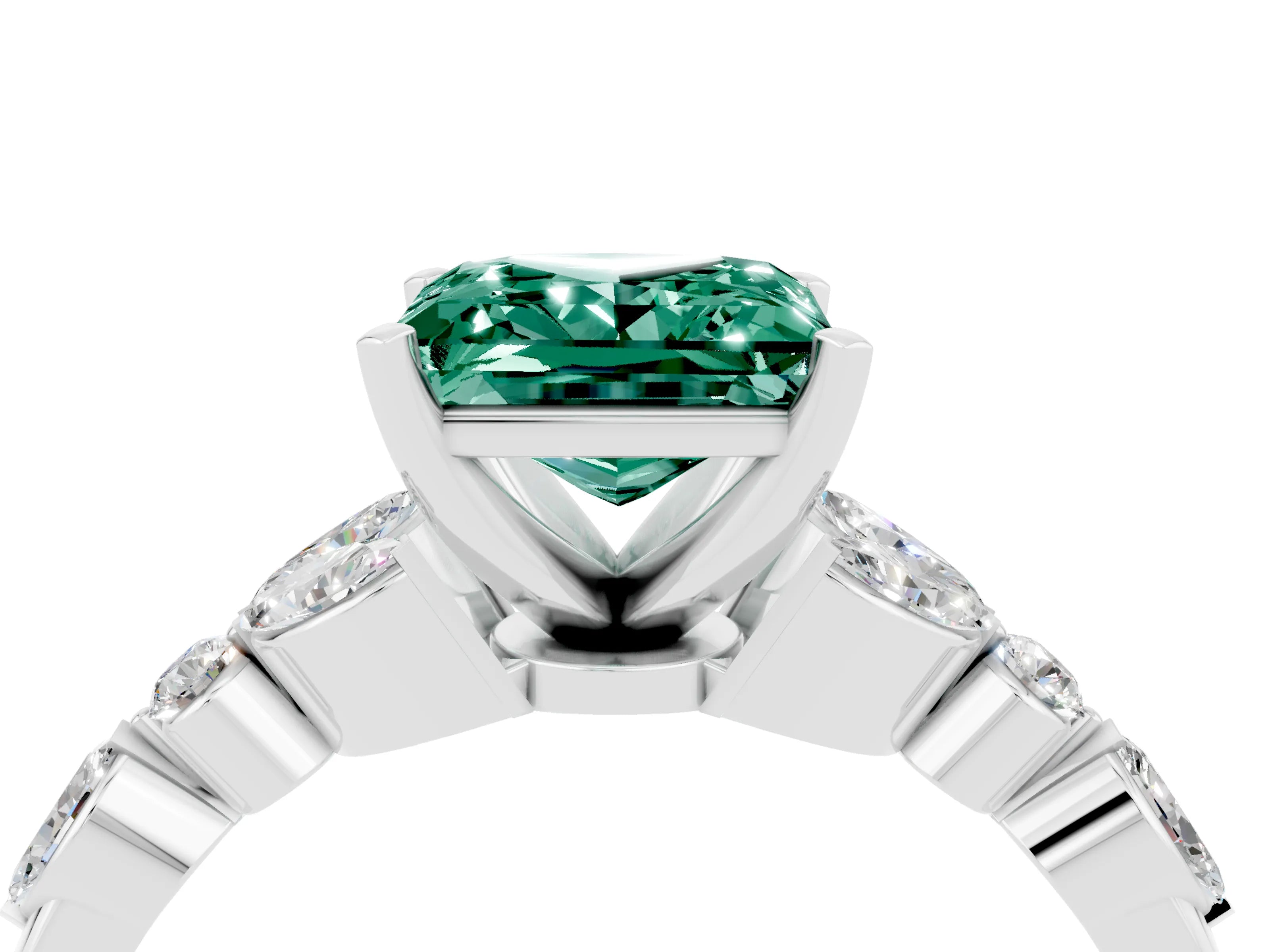 White gold Princess Cut Green Sapphire Solitaire Ring with Side Stones and Four-Prong Setting_16