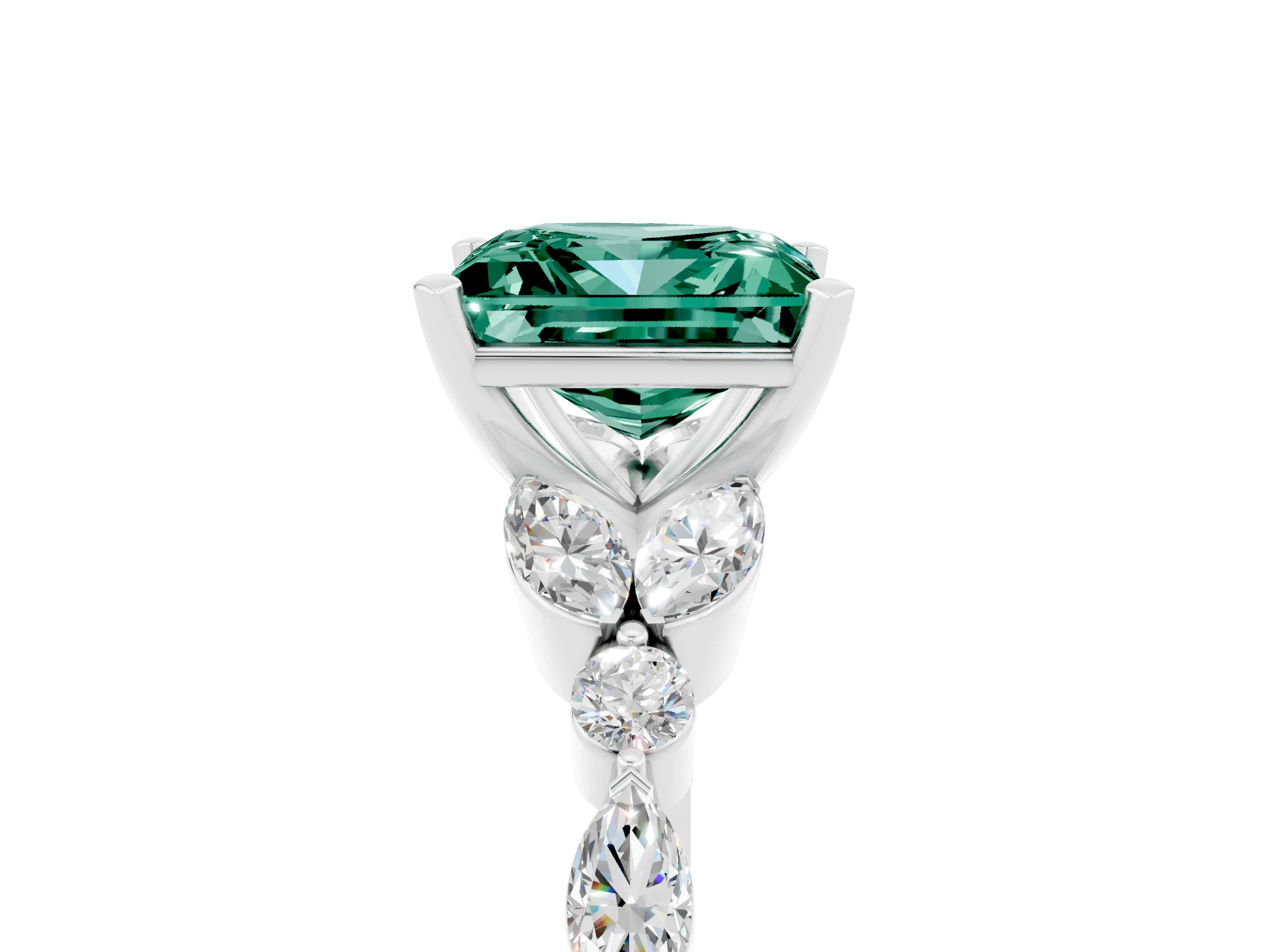 White gold Princess Cut Green Sapphire Solitaire Ring with Side Stones and Four-Prong Setting_17