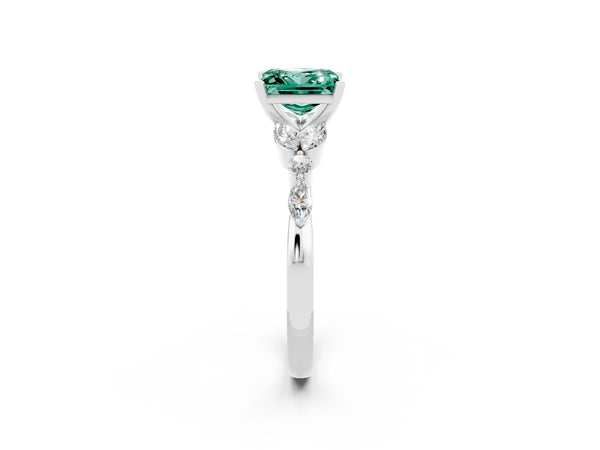 White gold Princess Cut Green Sapphire Solitaire Ring with Side Stones and Four-Prong Setting