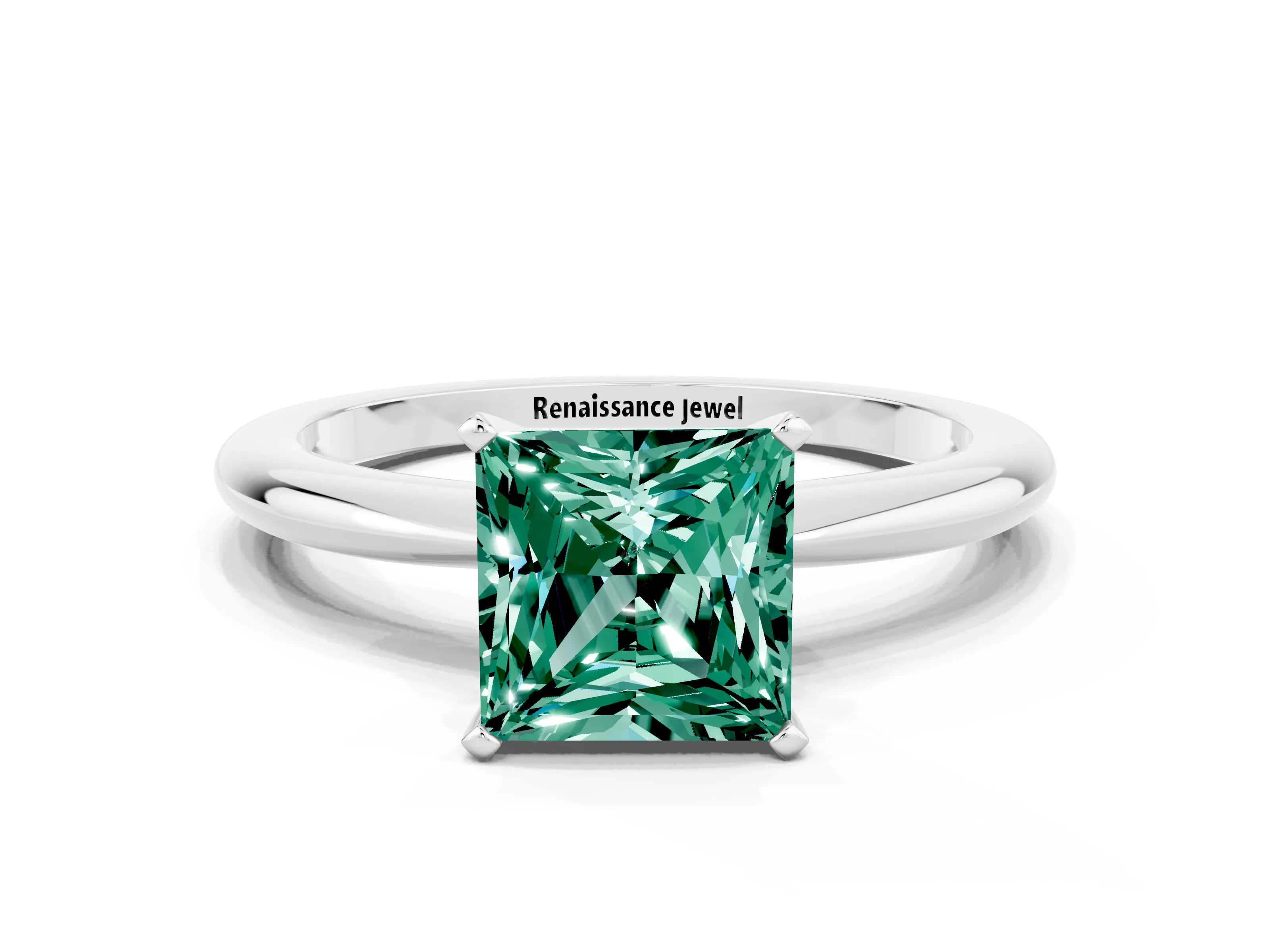 White gold Princess Cut Green Sapphire Solitaire Ring with Six-Prong Setting and Classic Band_12