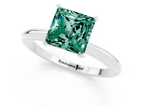 White gold Princess Cut Green Sapphire Solitaire Ring with Six-Prong Setting and Classic Band_13