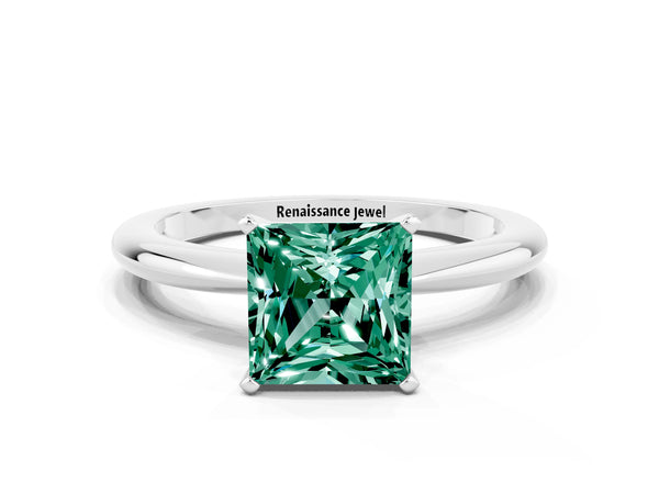 Silver Princess Cut Green Sapphire Solitaire Ring with Six-Prong Setting and Classic Band