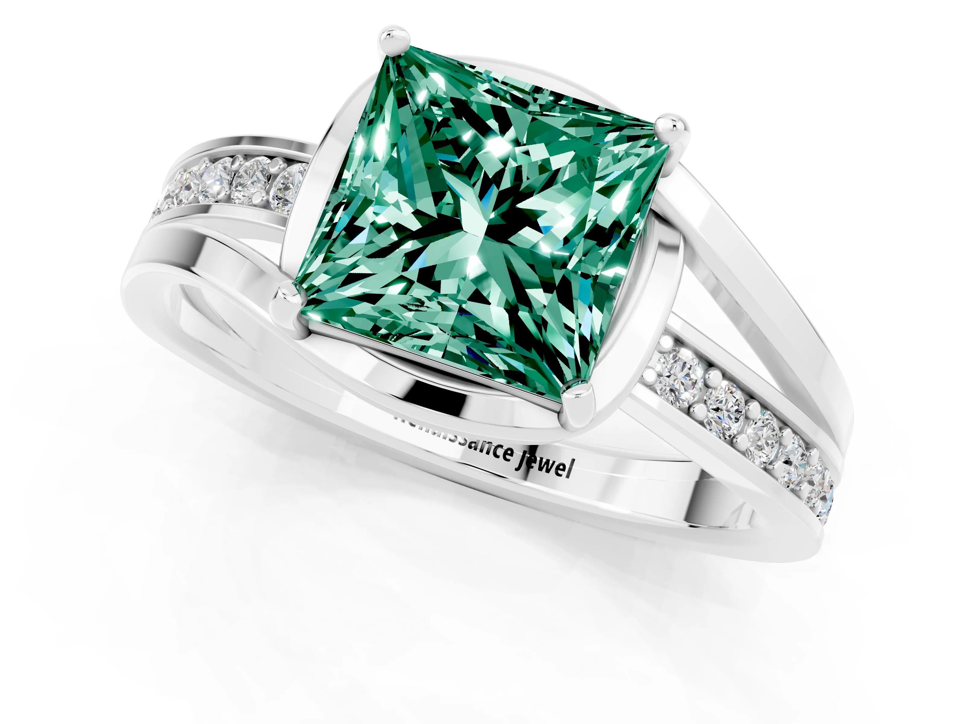 White gold Princess Cut Green Sapphire Solitaire Ring with Split Shank and Prong Setting_1