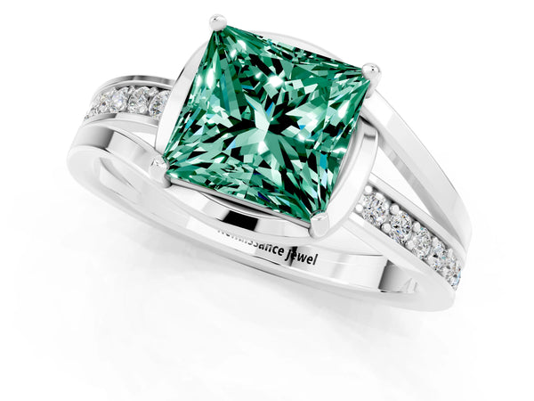 Silver Princess Cut Green Sapphire Solitaire Ring with Split Shank and Prong Setting