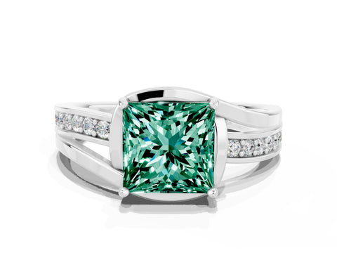 White gold Princess Cut Green Sapphire Solitaire Ring with Split Shank and Prong Setting