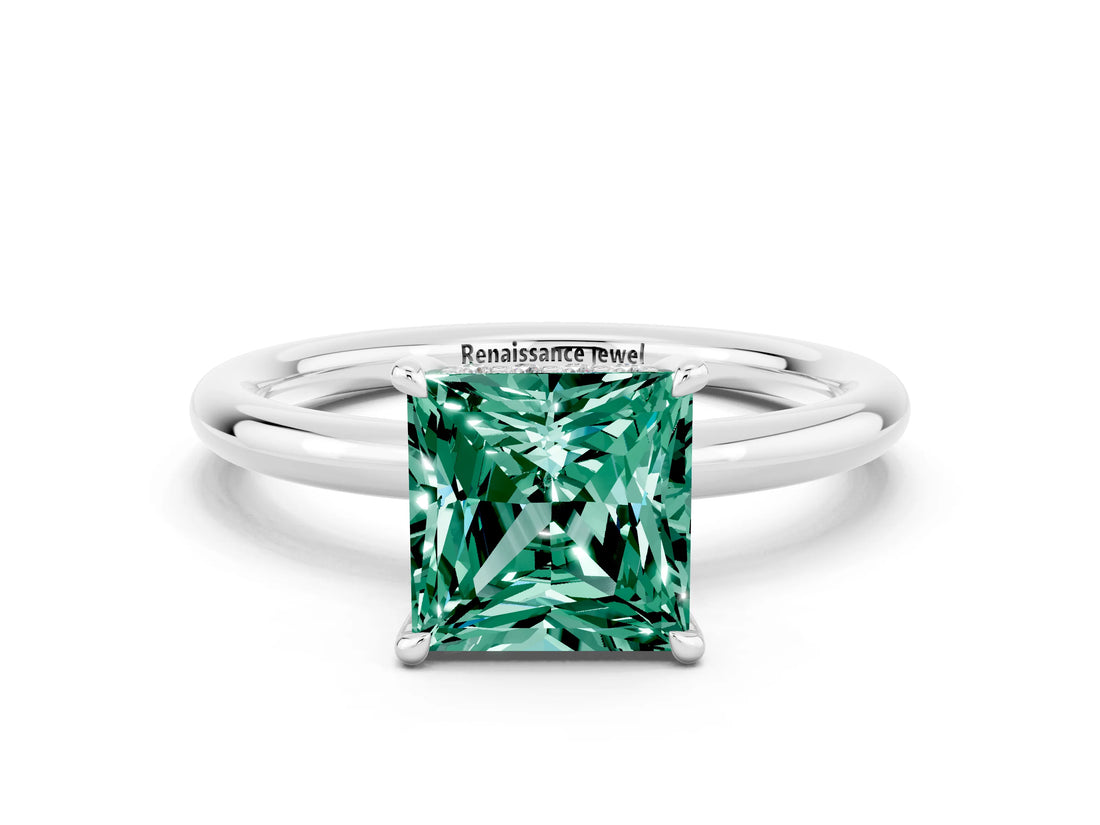 White gold Princess Cut Green Sapphire Solitaire Ring with Thin Band and Four-Prong Setting