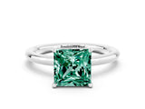 White gold Princess Cut Green Sapphire Solitaire Ring with Thin Band and Four-Prong Setting