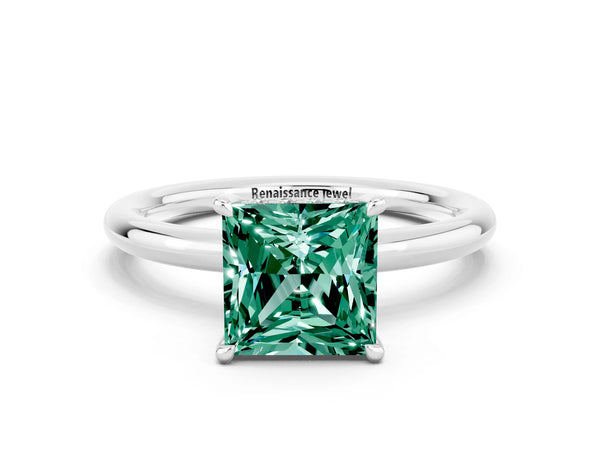 White gold Princess Cut Green Sapphire Solitaire Ring with Thin Band and Four-Prong Setting