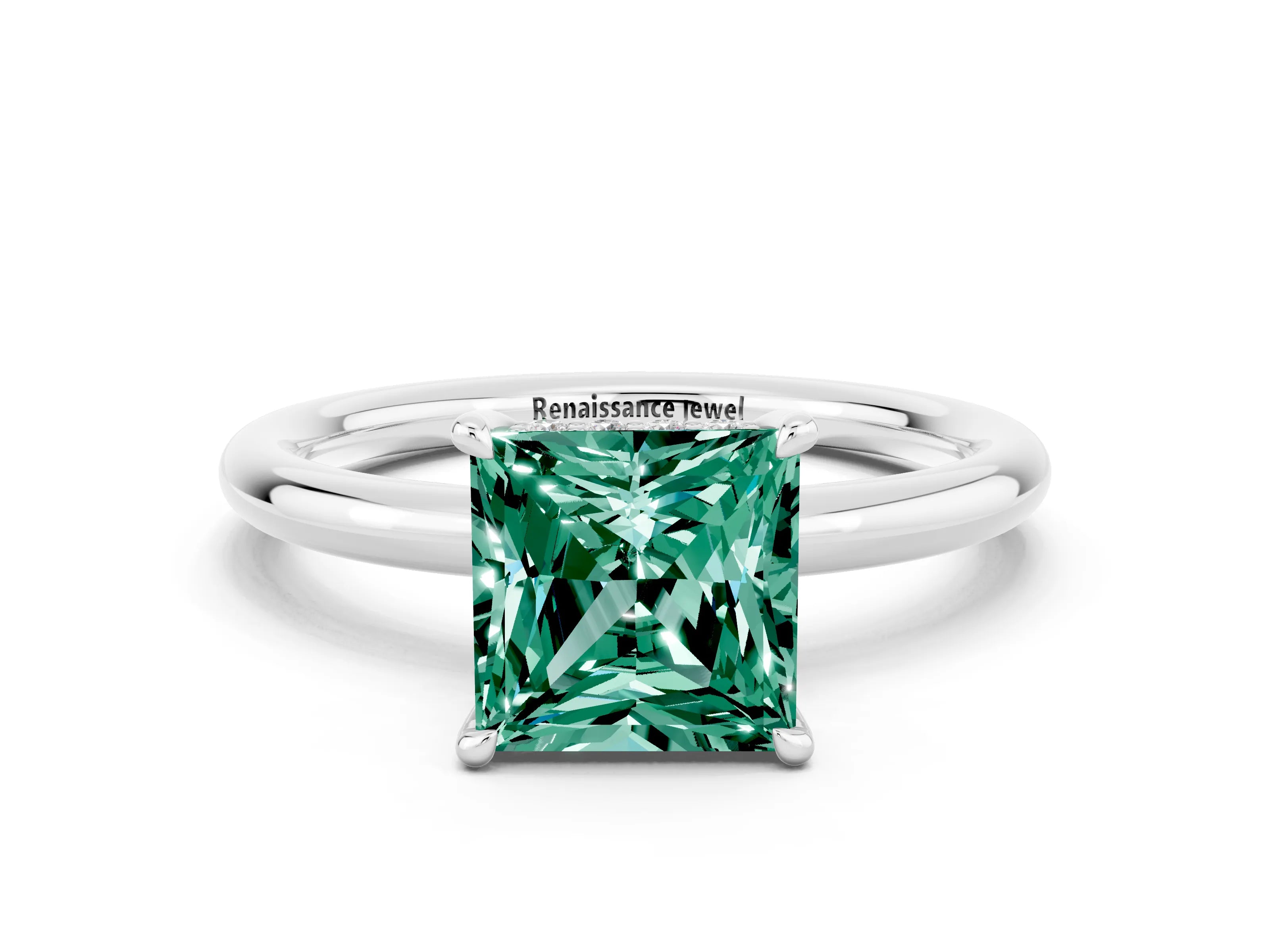White gold Princess Cut Green Sapphire Solitaire Ring with Thin Band and Four-Prong Setting