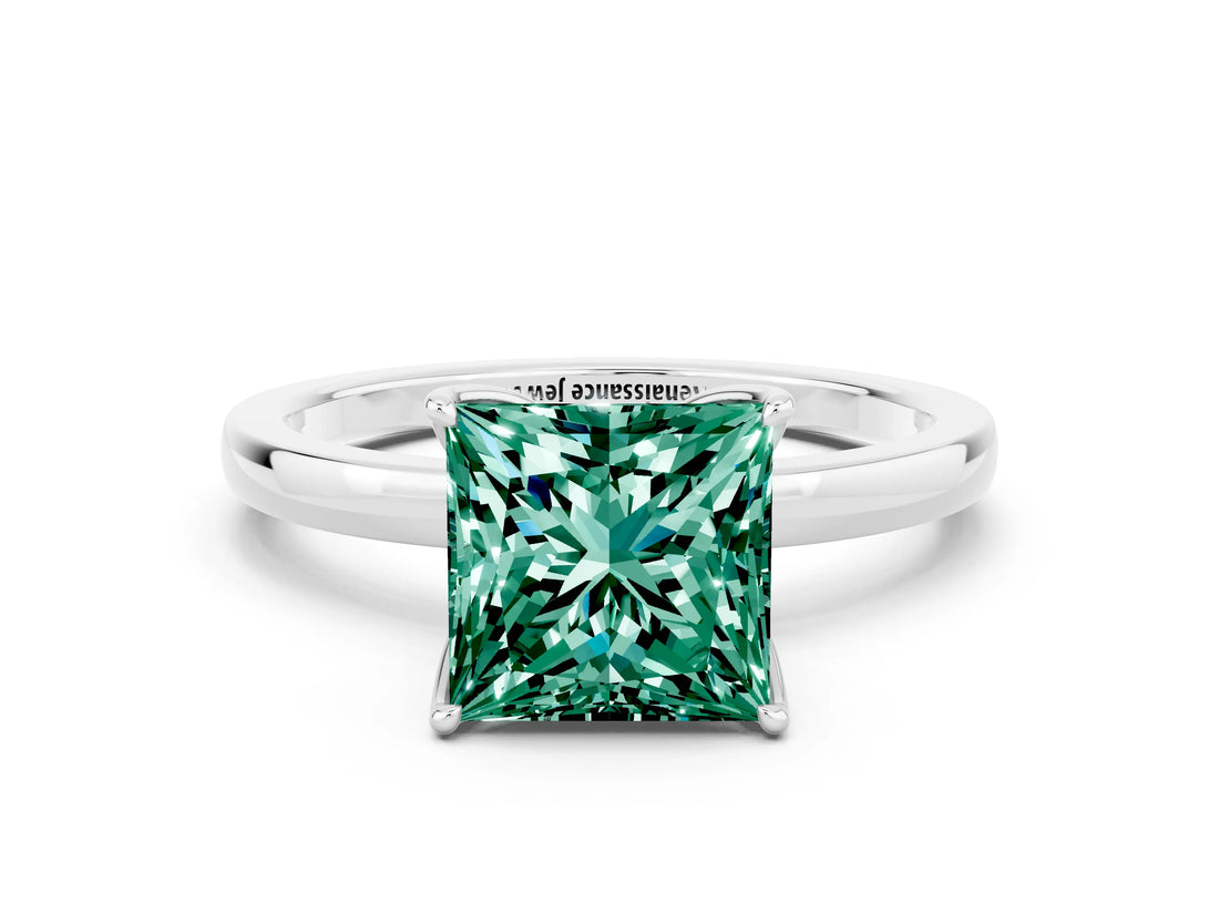 White gold Princess Cut Green Sapphire Solitaire Ring with Thin Band and Prong Setting_12