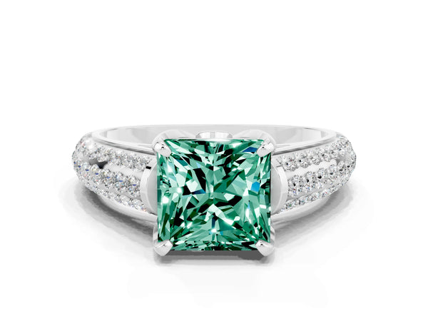 Platinum Princess Cut Green Sapphire Solitaire Ring with Three-Row Pavé Band and Four-Prong Setting