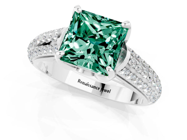 Silver Princess Cut Green Sapphire Solitaire Ring with Three-Row Pavé Band and Four-Prong Setting