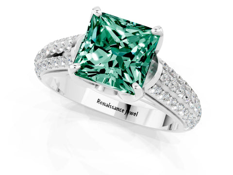 White gold Princess Cut Green Sapphire Solitaire Ring with Three-Row Pavé Band and Four-Prong Setting_13