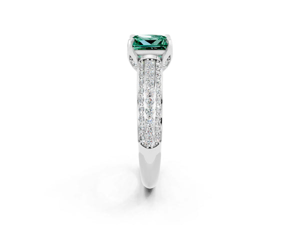 Silver Princess Cut Green Sapphire Solitaire Ring with Three-Row Pavé Band and Four-Prong Setting