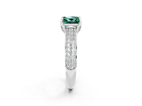 White gold Princess Cut Green Sapphire Solitaire Ring with Three-Row Pavé Band and Four-Prong Setting_14