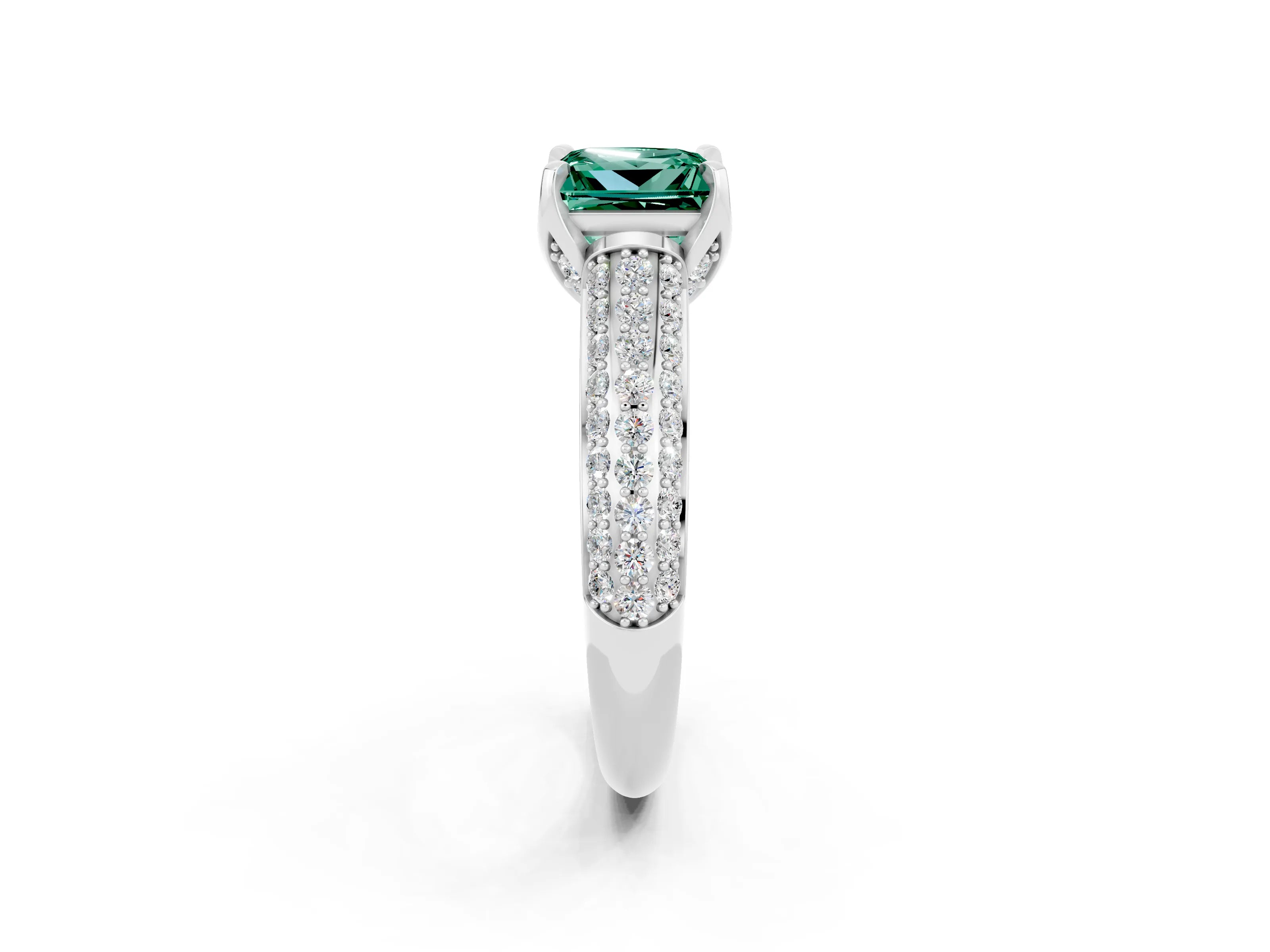 White gold Princess Cut Green Sapphire Solitaire Ring with Three-Row Pavé Band and Four-Prong Setting_14