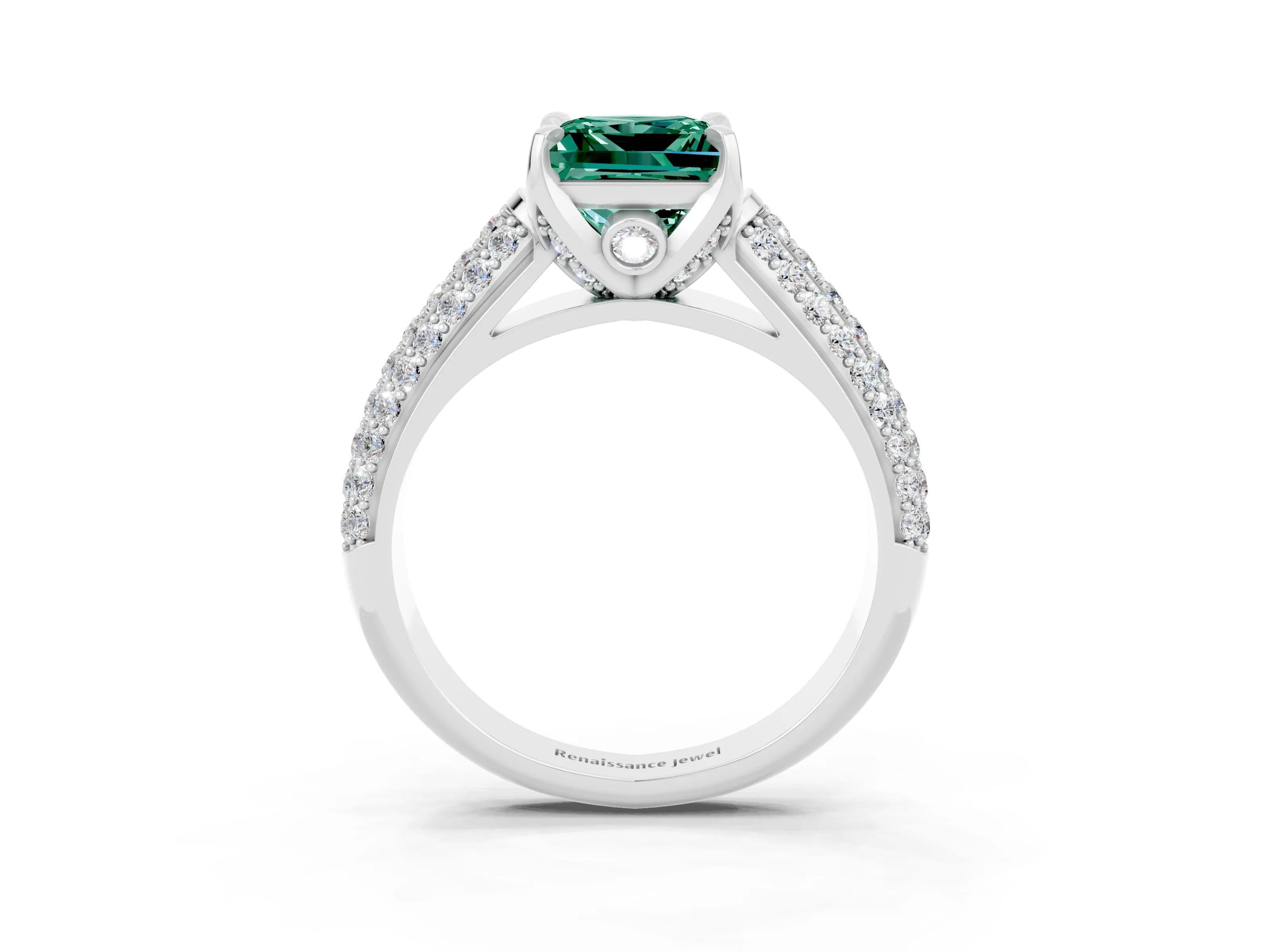 White gold Princess Cut Green Sapphire Solitaire Ring with Three-Row Pavé Band and Four-Prong Setting_15