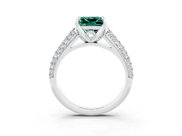 Silver Princess Cut Green Sapphire Solitaire Ring with Three-Row Pavé Band and Four-Prong Setting