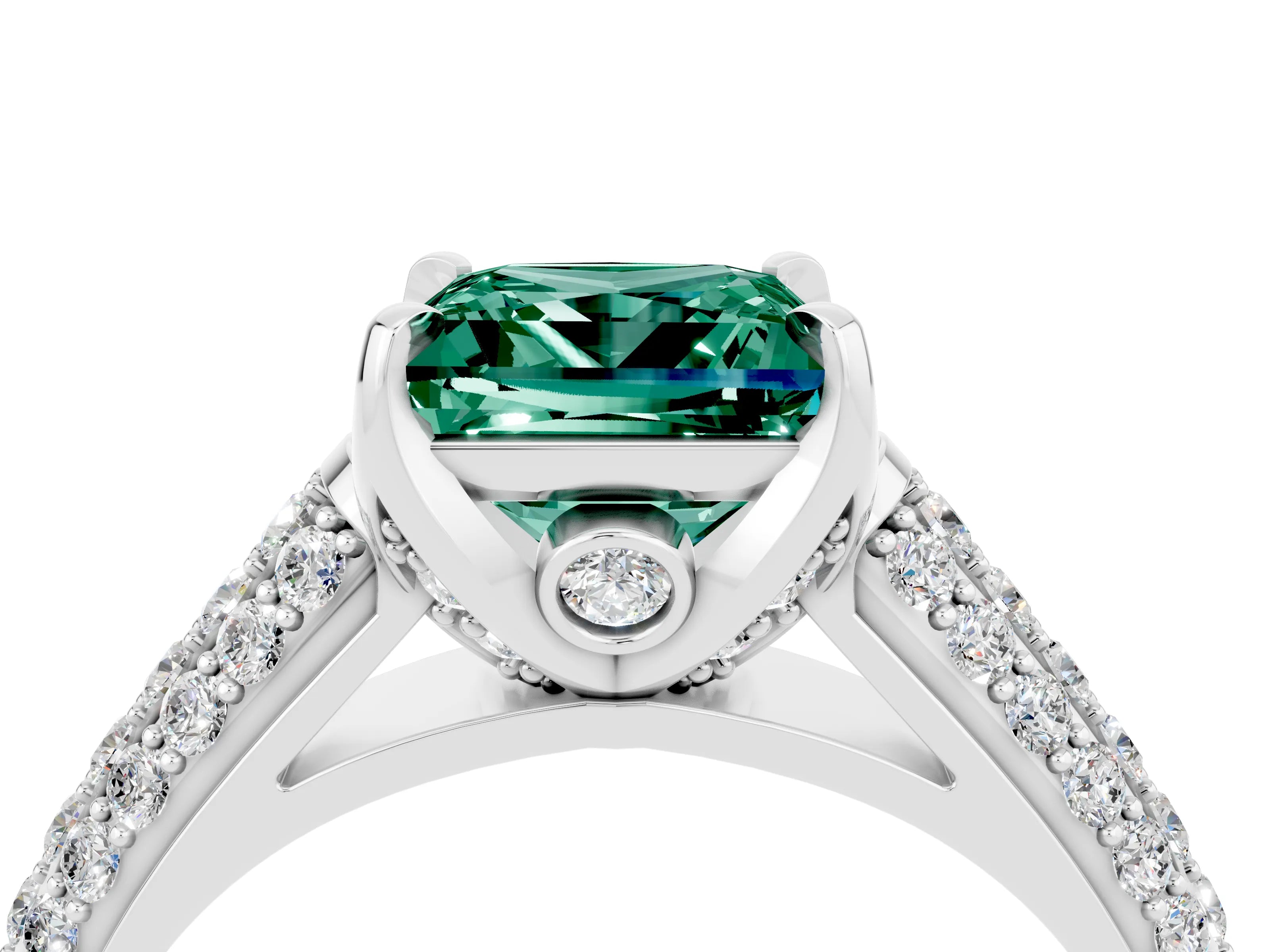 White gold Princess Cut Green Sapphire Solitaire Ring with Three-Row Pavé Band and Four-Prong Setting_16
