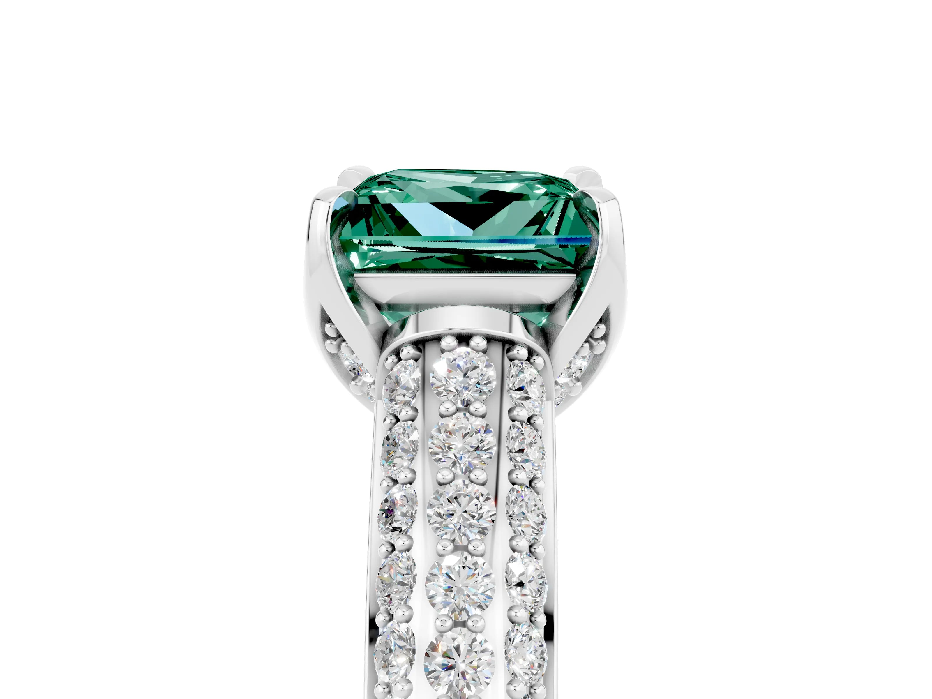 White gold Princess Cut Green Sapphire Solitaire Ring with Three-Row Pavé Band and Four-Prong Setting_17