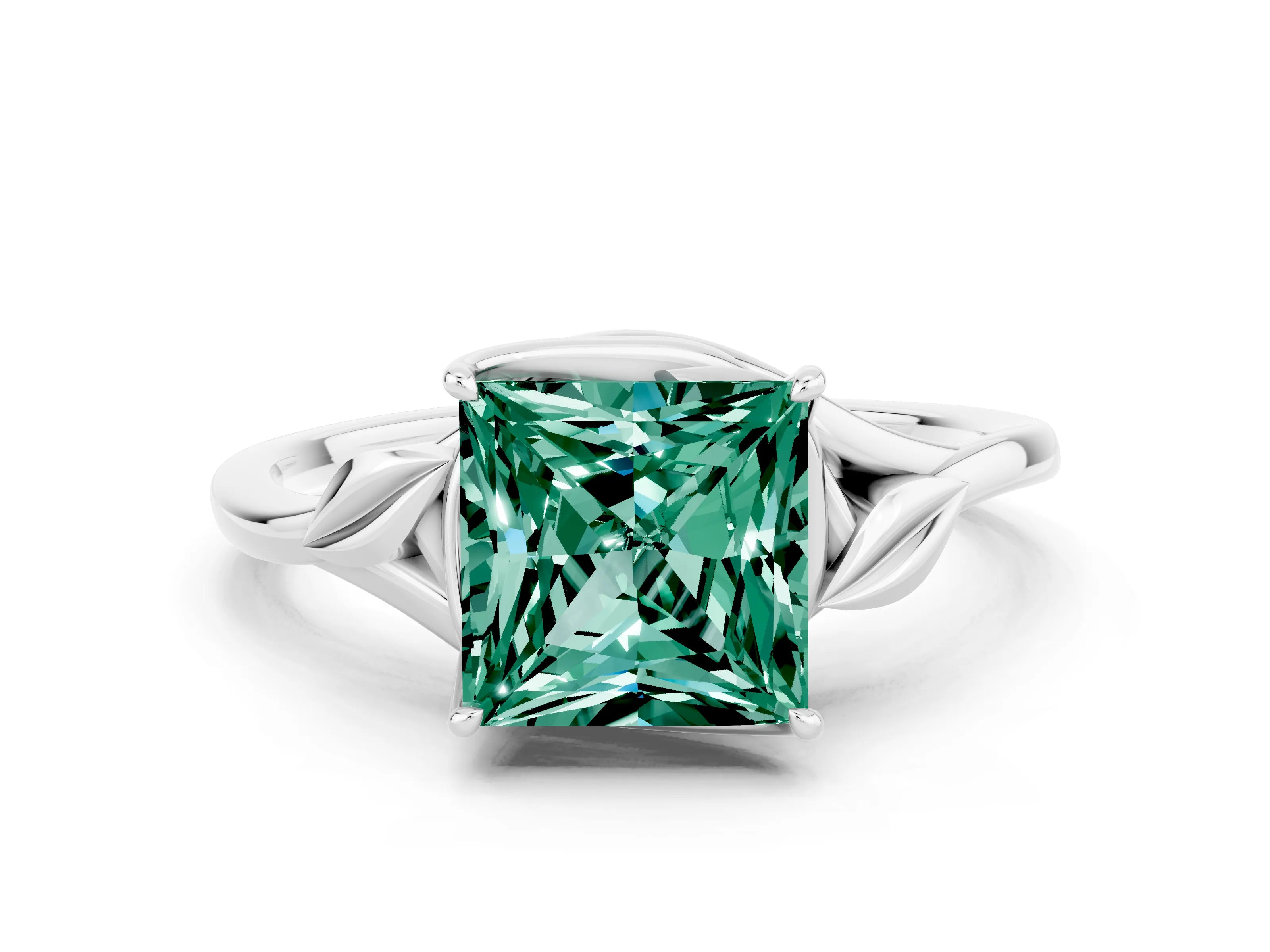 White gold Princess Cut Green Sapphire Solitaire Ring with Twist Band and Four-Prong Setting_12