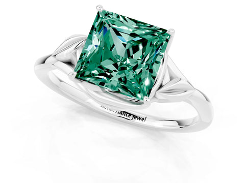 White gold Princess Cut Green Sapphire Solitaire Ring with Twist Band and Four-Prong Setting_13