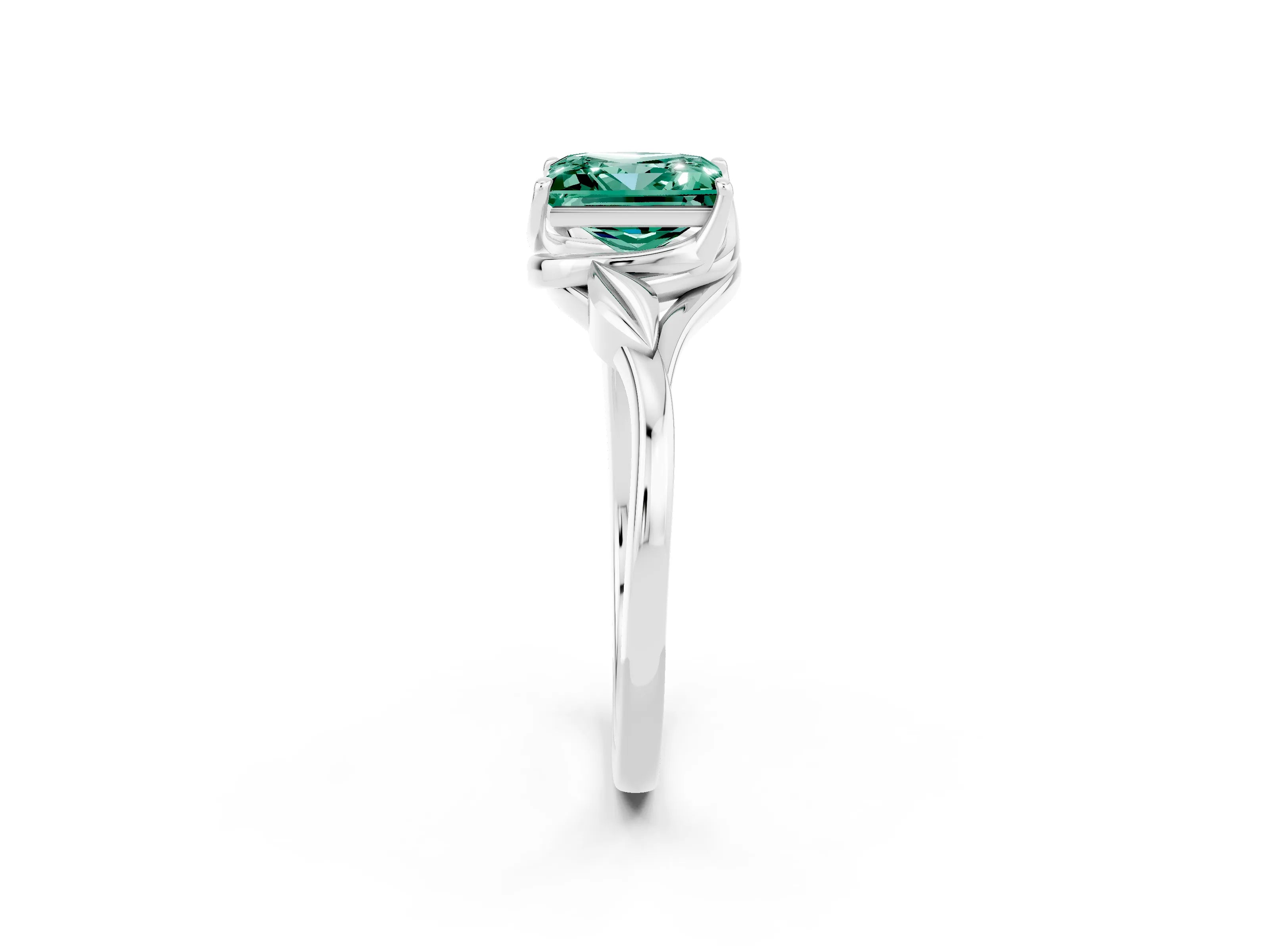 White gold Princess Cut Green Sapphire Solitaire Ring with Twist Band and Four-Prong Setting_14