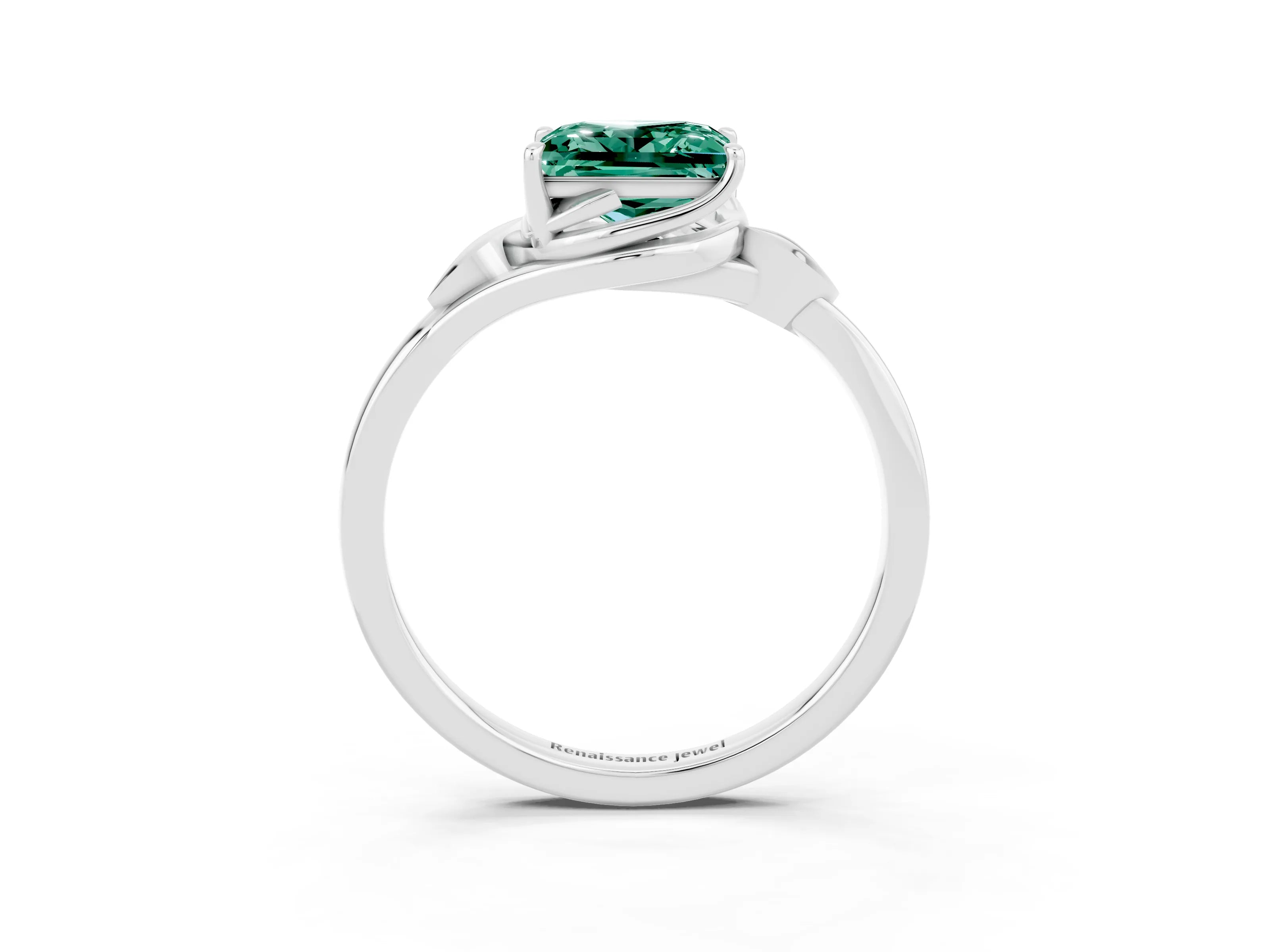 White gold Princess Cut Green Sapphire Solitaire Ring with Twist Band and Four-Prong Setting_15